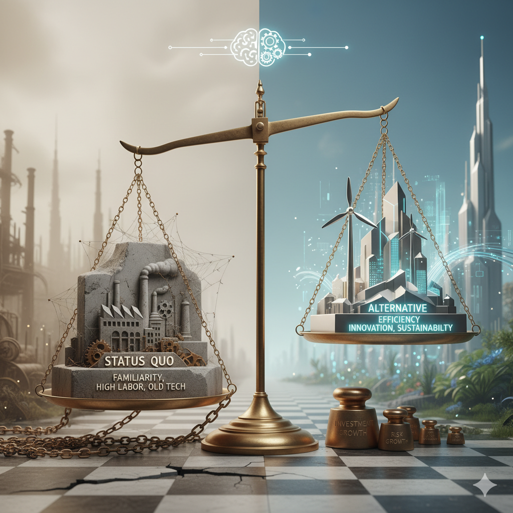 Visual comparison of status quo business costs versus affordable cost reduction and efficiency optimization for small businesses