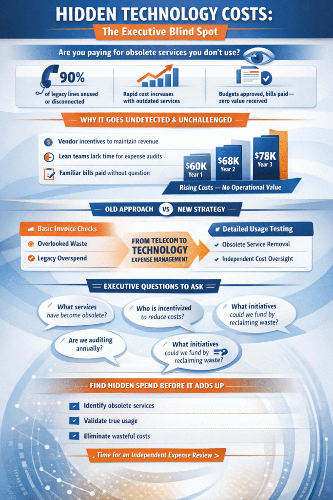 Infographic showing how hidden technology expenses and obsolete telecom services persist and increase costs over time