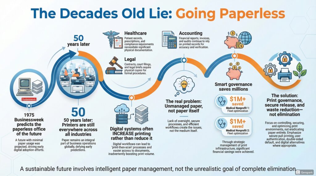 Infographic showing the 50 year paperless office myth, continued printing across healthcare and legal industries, and how print governance and secure release save over one million d