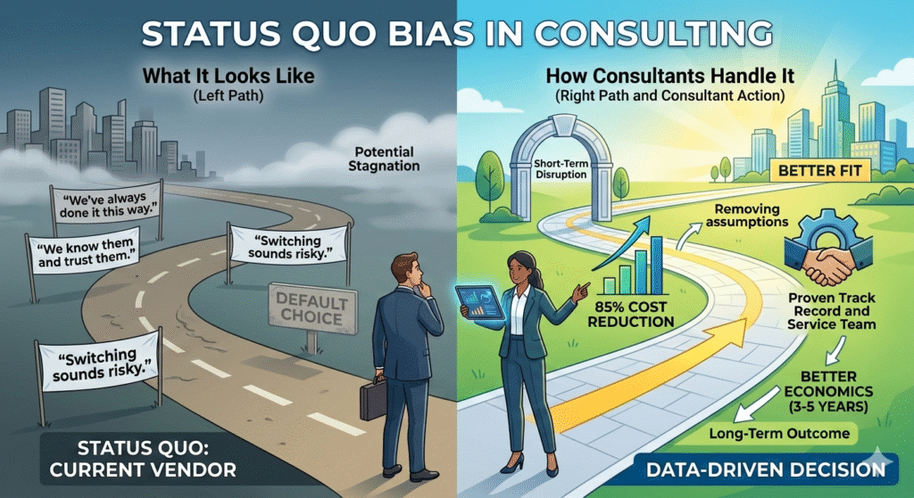 A split-screen illustration comparing two business paths. The left path represents "Status Quo Bias" and "Current Vendor" in consulting; it is gloomy, featuring signs fearing risk and reading "We’ve always done it this way," leading to "Potential Stagnation." The right path represents a "Data-Driven Decision" guided by a consultant; it is bright, showing charts of "85% COST REDUCTION" and benefits like "BETTER FIT," "Proven Track Record," and "BETTER ECONOMICS (3-5 YEARS)" leading to a "Long-Term Outcome." A consultant points towards the better path for a client.