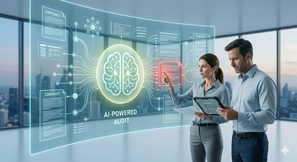 Two analysts using a large digital display that visualizes complex contract data streams and SLA metrics. An integrated AI icon highlights anomalies and cost risks during a detailed audit.