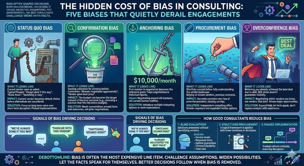 Consulting bias infographic showing five decision biases that derail consulting engagements including status quo, confirmation, anchoring, procurement, and overconfidence bias