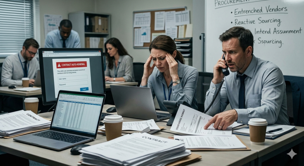 A stressed procurement team in a cluttered office environment, dealing with auto-renewal alerts and contract anomalies, illustrating reactive sourcing and stretched capacity.