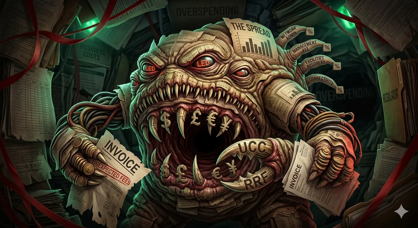 illustration of hidden business internet fees monster representing UCC and RRF surcharges