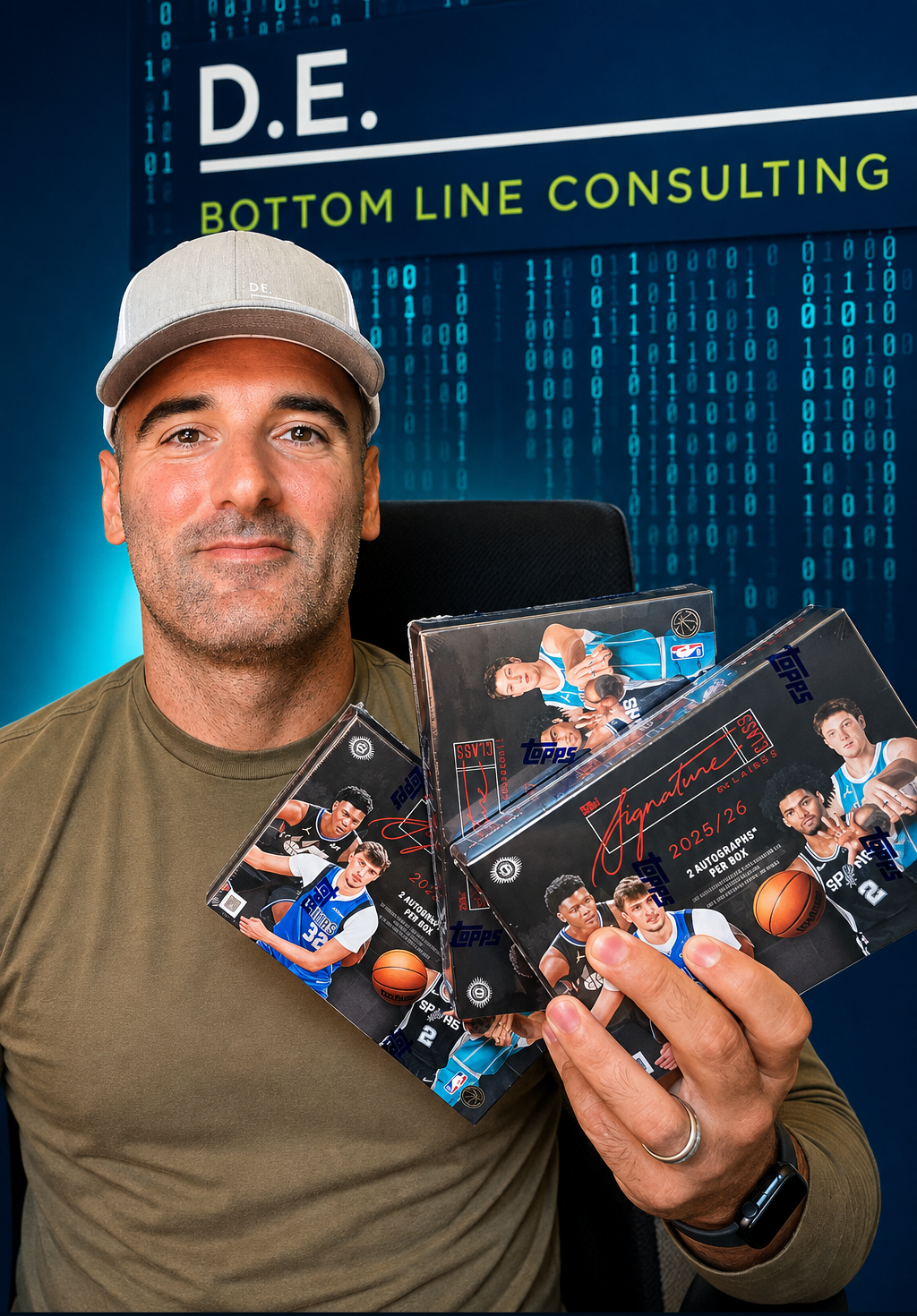 Dan Esposito holding three Topps Signature Class Basketball Hobby Boxes